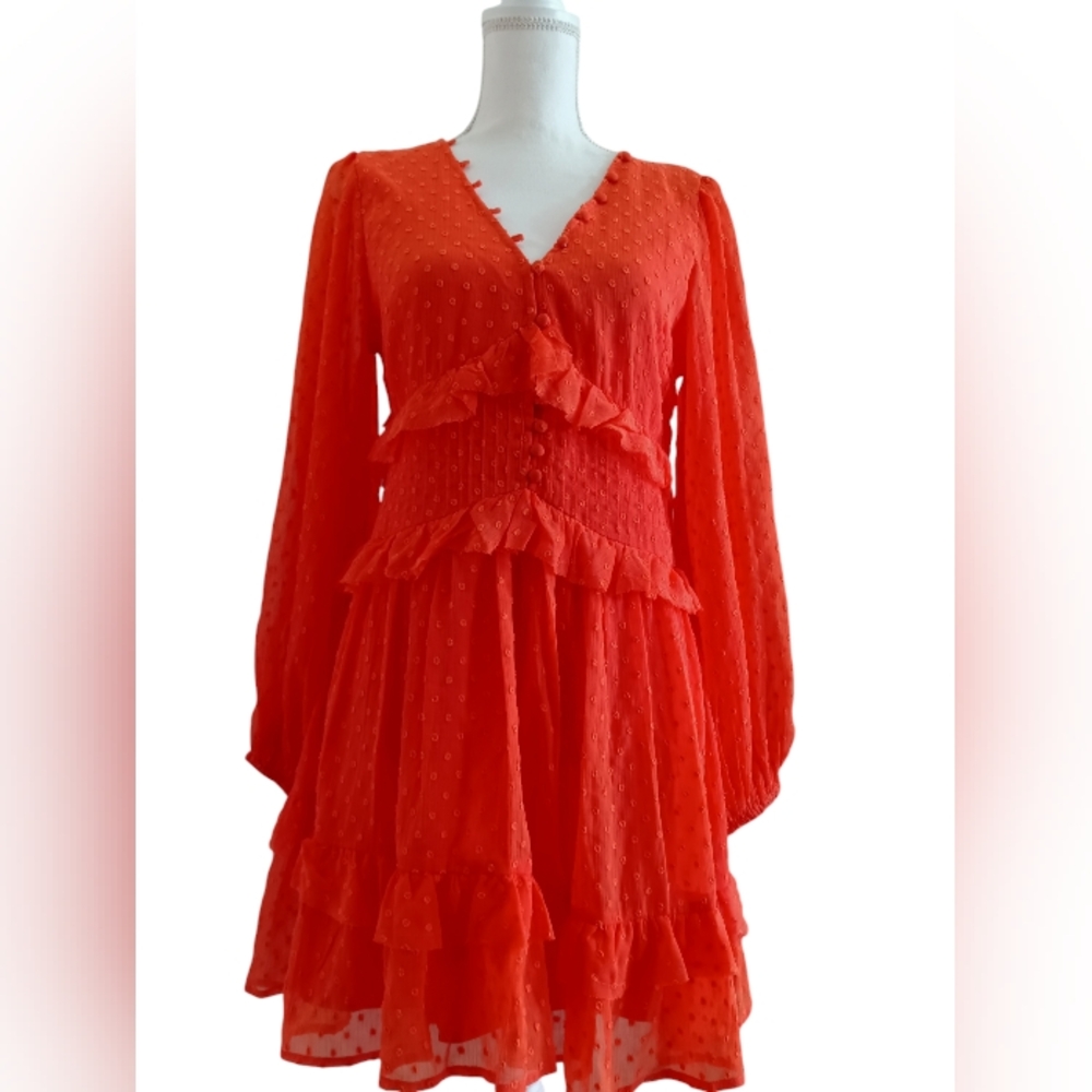 ASOS Design orange, button through pintuck mini textured dress nwt